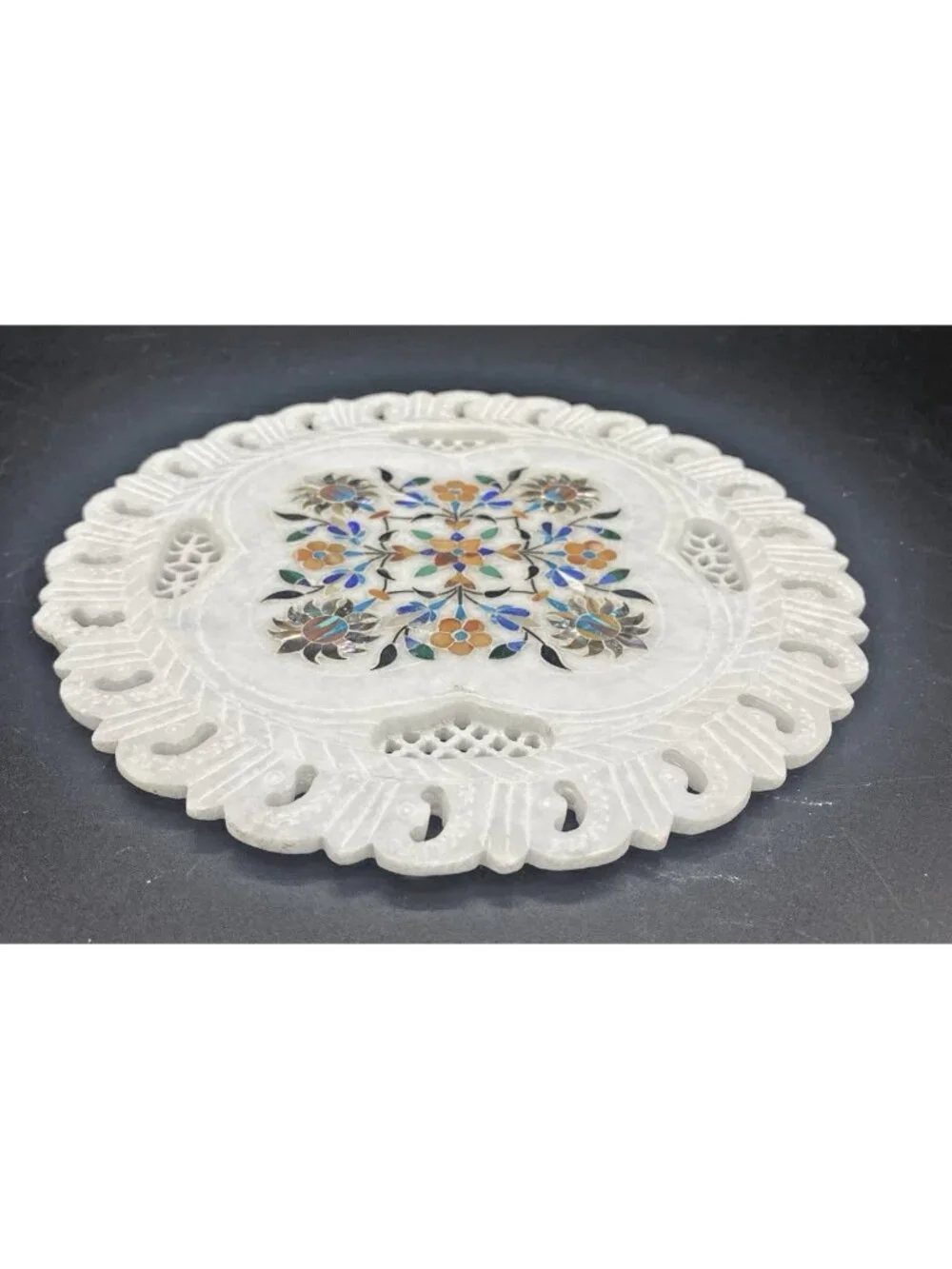 Inlaid Marble Plate Floral Stone Handmade Decor Boho Cottage 7 Inches